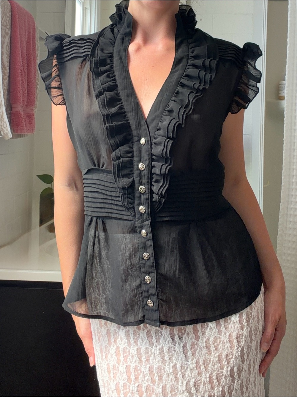 Sheer Black Ruffled V-Neck Women's Blouse